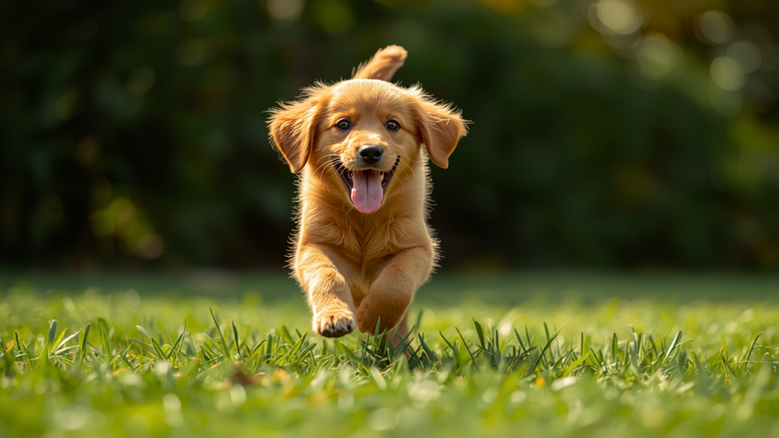 A happy golden retriever running on the grass